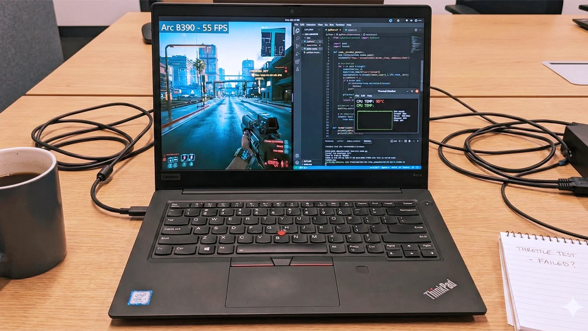 Тестирование ThinkPad X9 Aura: встройка Arc B390 в Cyberpunk 2077 и работа с кодом